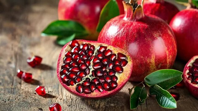 Juicy Pomegranates on Wooden Surface