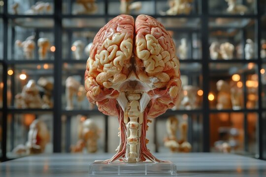 Anatomical Human Brain Model Displayed in Museum Setting, Neuroanatomy Study and Medical Illustration