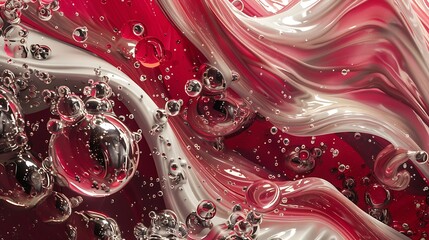 Abstract design with swirling red and white liquid and bubbles.