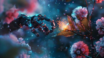 A mechanical hand interacts with a blossom in a surreal garden setting.