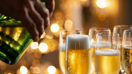 Person pouring champagne into flute glasses at a festive celebration. Party toast, festive event, special occasion. - Powered by Adobe
