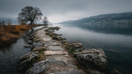 A serene lakeside view features a rocky path winding through calm waters under a cloudy sky. Trees line the shore, creating a peaceful atmosphere in the distance.