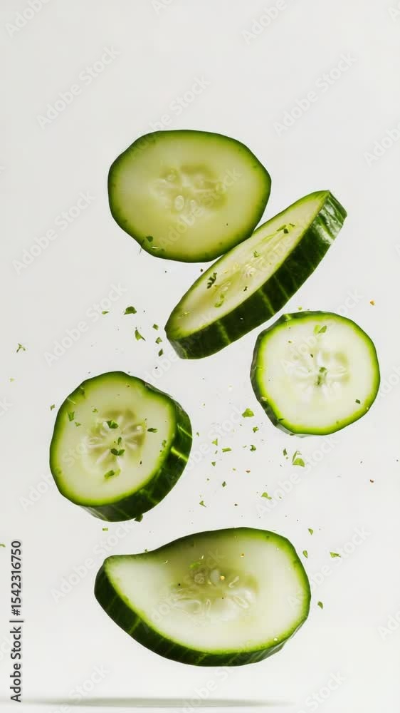 Poster Fresh cucumber slices dropping from above