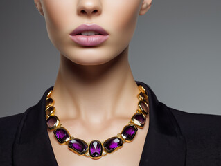 Close-up of a high-fashion model with an edgy modern look, sharp cheekbones, wearing a bold golden necklace with a faceted purple amethyst gemstone, clean background, studio lighting 