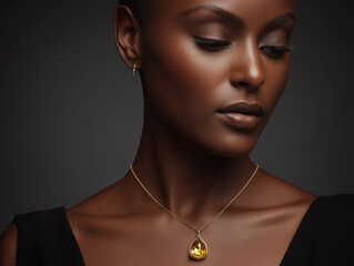 Close-up beauty shot of a dark-skinned model wearing a golden necklace with a glowing citrine gemstone, rich warm lighting, minimalist background