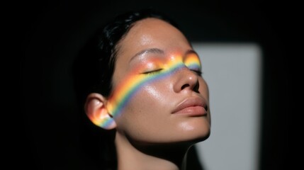 Female Portrait with Rainbow Reflection on Face in Dramatic Light
