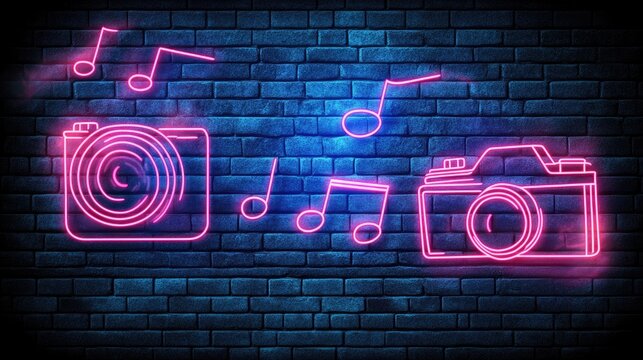 Neon camera and music notes on a brick wall.