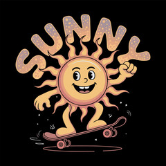 Happy Smiling Cartoon Sun Character Skateboarding with S U N Y Text Orange Yellow Pink Colors Retro Style
