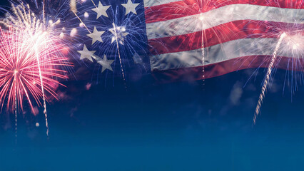 Patriotic fireworks display with american flag background for independence day celebrations