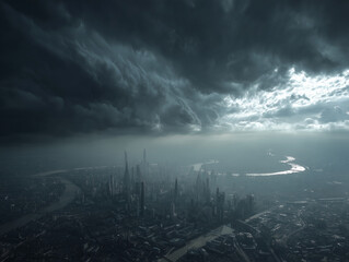 Fototapeta premium Dramatic storm clouds gather over the vast ocean, darkening the sky and creating a beautiful yet foreboding seascape
