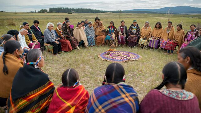 Indigenous community gathering in a ceremonial circle outdoors. Indigenous heritage, cultural ceremony, community unity, ancestral wisdom.