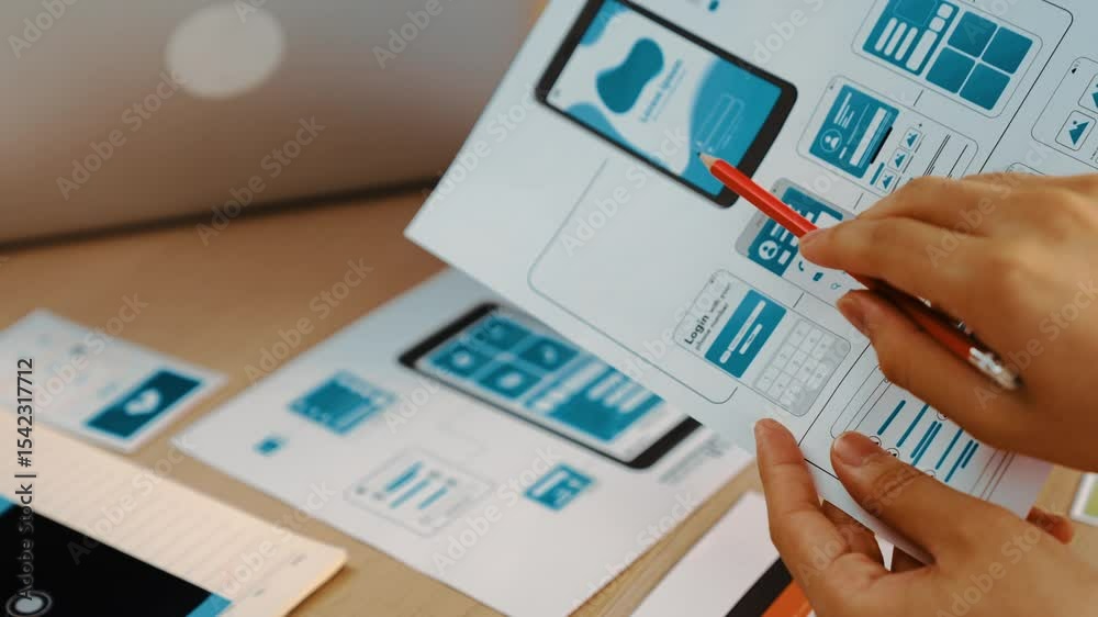 Poster excellent startup company employee presenting user interface prototype for mobile application to sma