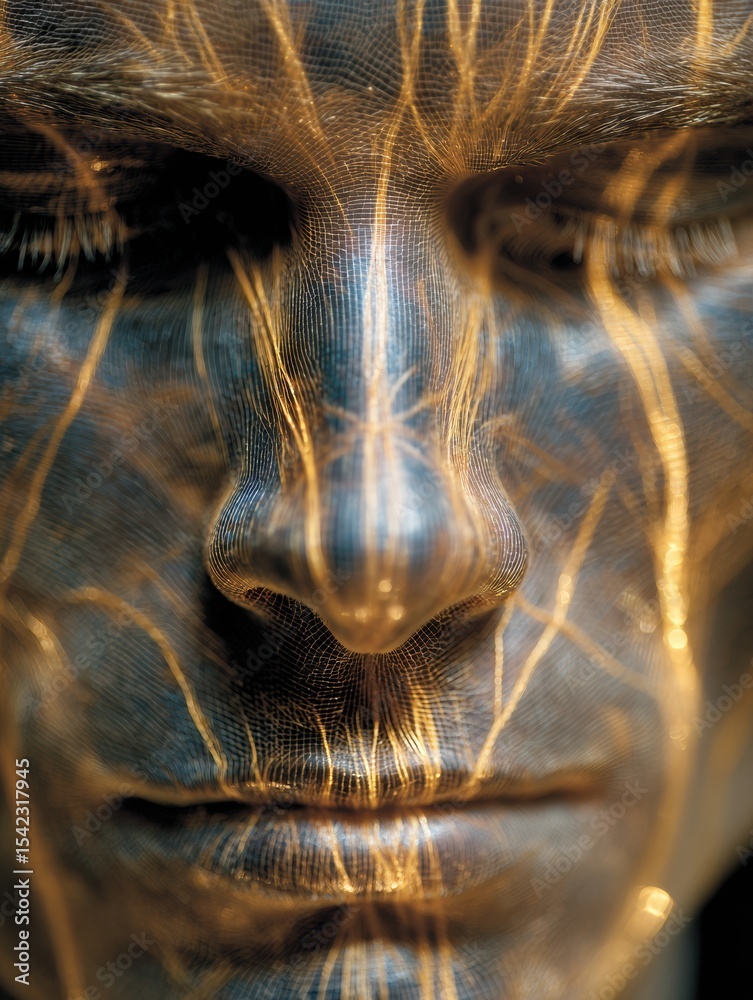 Poster human face with golden nerve overlay illustrating intricate neural connections and beauty of anatomy