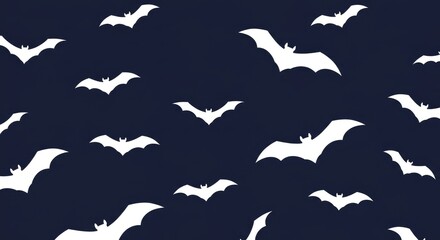 A dark navy blue background with many white bat silhouettes
