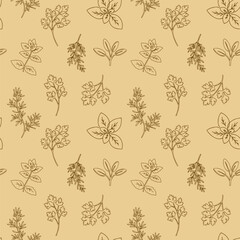 Seamless background with aromatic herbs: mint, rosemary, and lemon balm on light yellow
