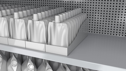 Supermarket shelves mockup with doypack stand-up spouted pouches in display boxes. 3d illustration
