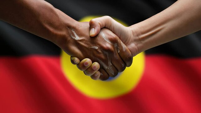 Symbolic handshake between indigenous and non-indigenous hands with aboriginal flag in background.