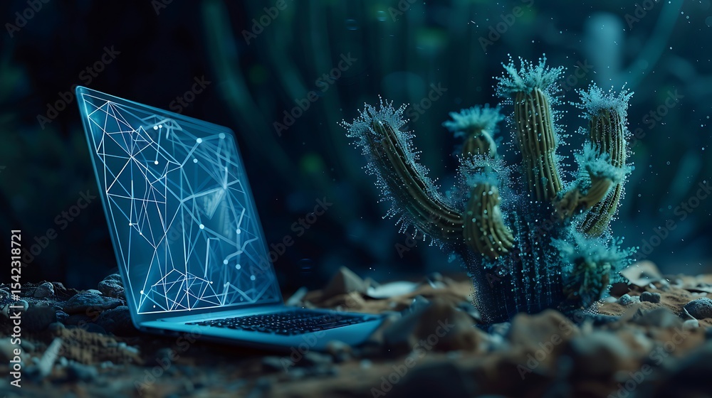 Fototapete futuristic laptop with a digital map on its screen beside a unique cactus.