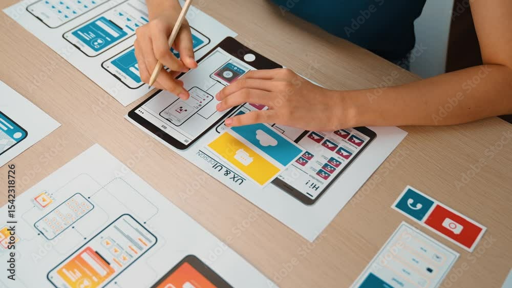 Poster startup company employee planning for user interface prototype for mobile application or website in 