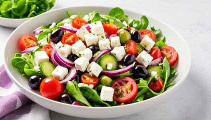 Fresh salad in a white bowl with leaves, cherry tomatoes, diced feta, olives, red onion and cucumbers. The perfect dish for a healthy lunch or dinner