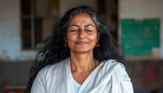 Portrait Of A Woman With Long Gray Hair In Soft Light