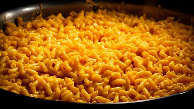 Sizzling closeup of creamy macaroni pasta cooking in a skillet