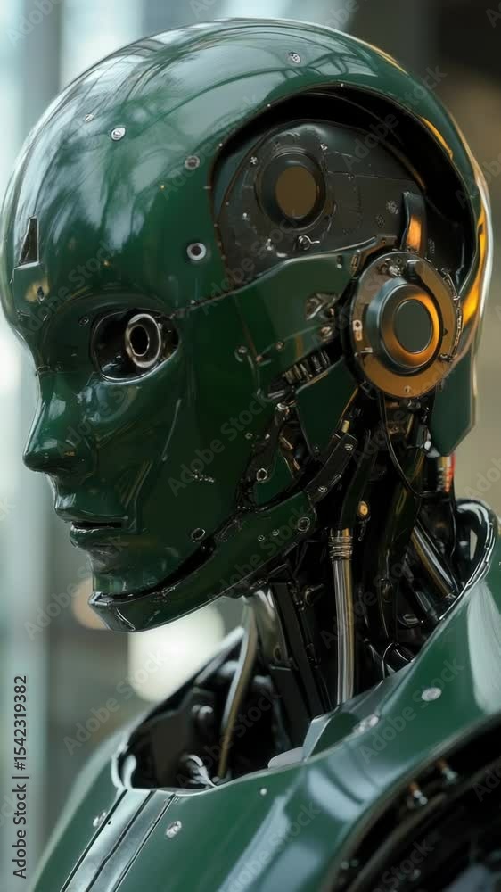 Poster a detailed view of a small green robot's head, perfect for illustrating futuristic or sci-fi concept