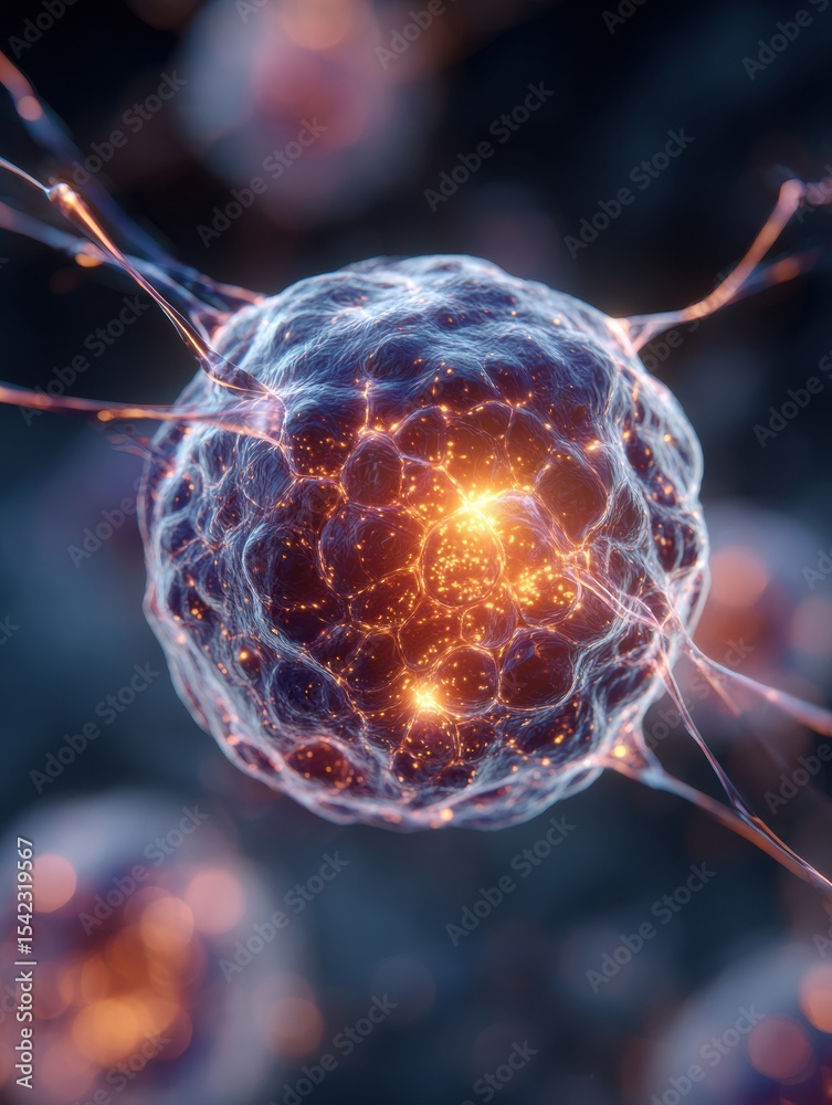 Poster Glowing Orb Surrounded by Synaptic Lines Illustrating Complex Neural Connections in a Futuristic Concept