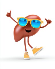 A cartoon liver with legs and arms dancing joyfully, wearing sunglasses, bright colors, white background