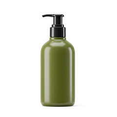 Fototapeta premium An olive-green bottle, with a black pump dispenser, sits against a white backdrop, minimalist design.