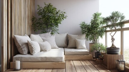 japandi balcony, floor seating with linen cushions, bamboo screen, bonsai plants, soft morning light, simple clean calm vibe
