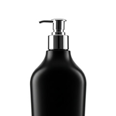 Obraz premium Close up of a sleek, dark bottle with a pump dispenser against a stark white backdrop, eye-level view.