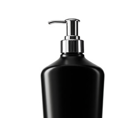 Obraz premium Sleek black bottle with chrome dispenser against a pristine white backdrop, radiating modern elegance.