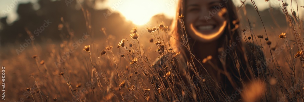Poster golden light creates a gentle smile arc in a tranquil empty field during sunset