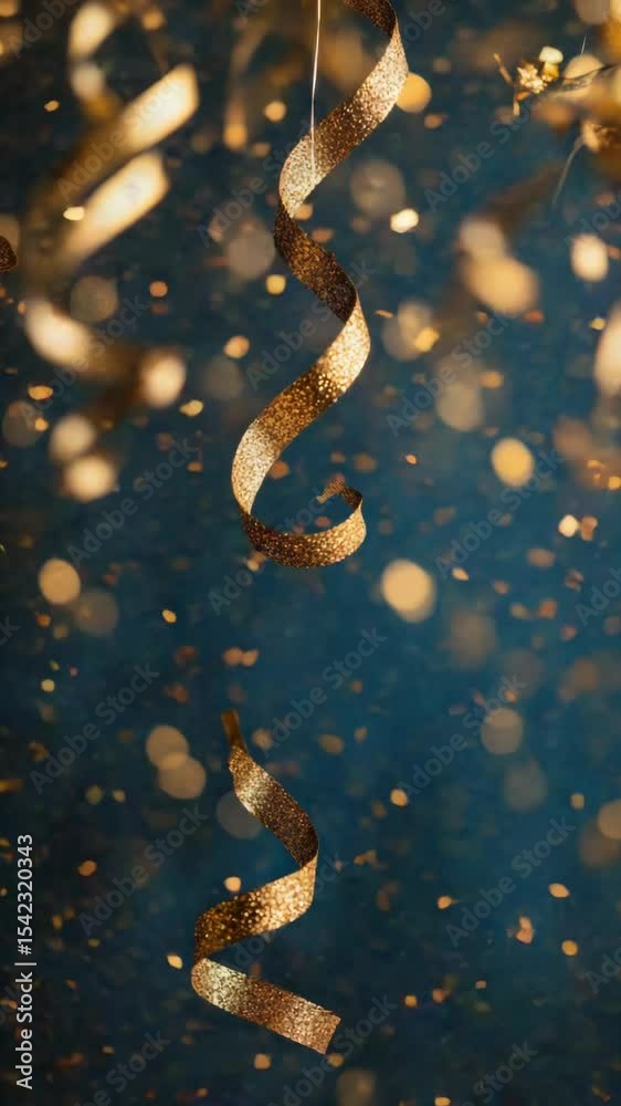 Poster a close-up shot of a bunch of gold confetti scattered on a blue background, ideal for adding a touch