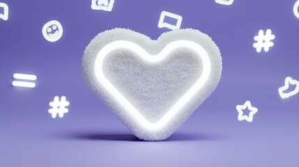 Plush Heart Shape with Neon Glow on Soft Purple Background