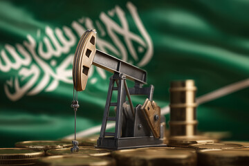 3D style oil pumping unit with saudi arabia flag in the background
