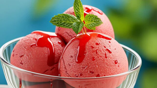 Delicious strawberry sorbet with mint garnish melting under warm sunlight