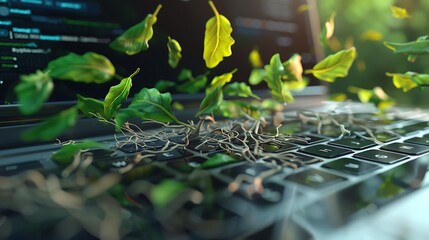 Lush greenery sprouting from a computer keyboard.