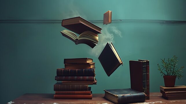Antique books levitate in a still life arrangement.