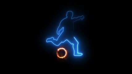 A football player with a graphic trail video with football .Animated  glowing neon effect and black color background. - Powered by Adobe
