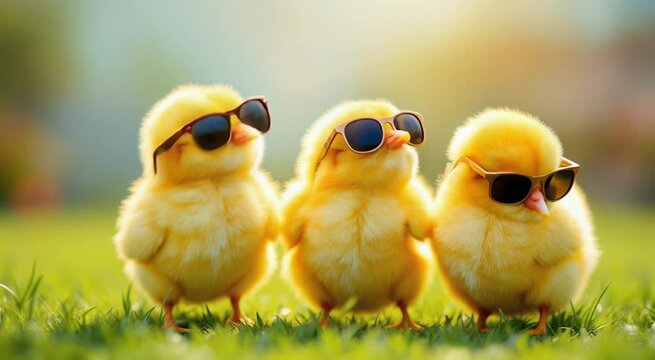 Create a vibrant and playful 4K video featuring three fluffy baby chicks wearing stylish sunglasses, standing confidently on lush green grass under a sunny sky. The chicks should occasionally wiggle, 
