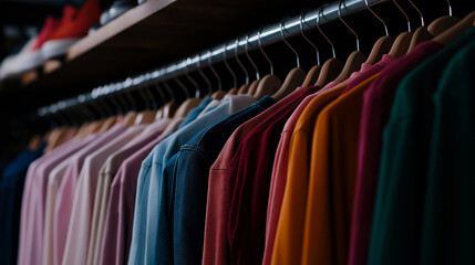 Clothing display on hangers in vintage secondhand store