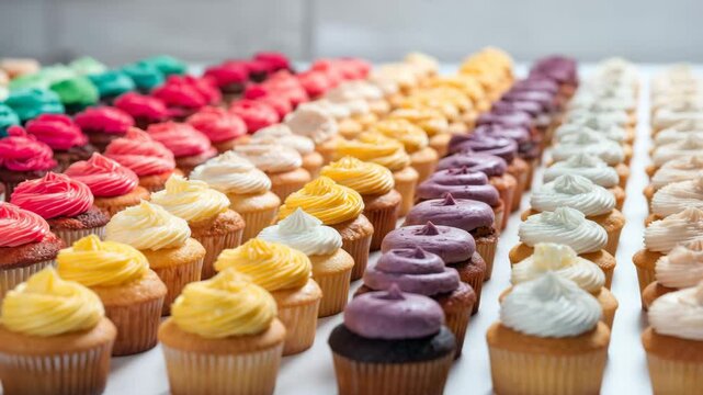 Colorful cupcake rows with rotating perspective showcasing vibrant frosted delights