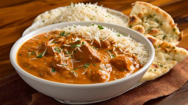 Delicious butter chicken served with steaming rice and naan on rustic table setup