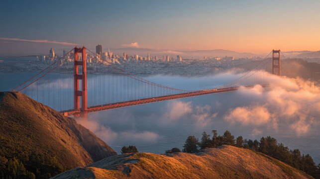 Fog envelops the Golden Gate Bridge, highlighting its vibrant red color against the soft morning light. The San Francisco skyline emerges in the distance, creating a serene atmosphere.
