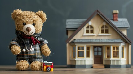 A teddy bear in a doctor's outfit with a miniature house.