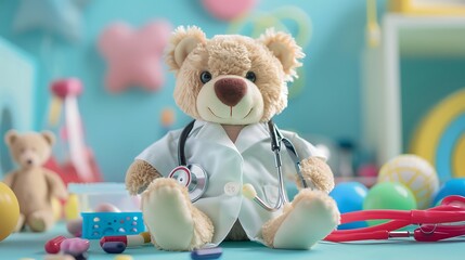 Playful teddy bear dressed as a doctor.