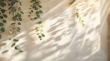 Delicate eucalyptus branches cascading against a sheer curtain, bathed in sunlight.