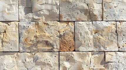 Close-up view of a wall constructed from rectangular, textured stone blocks.